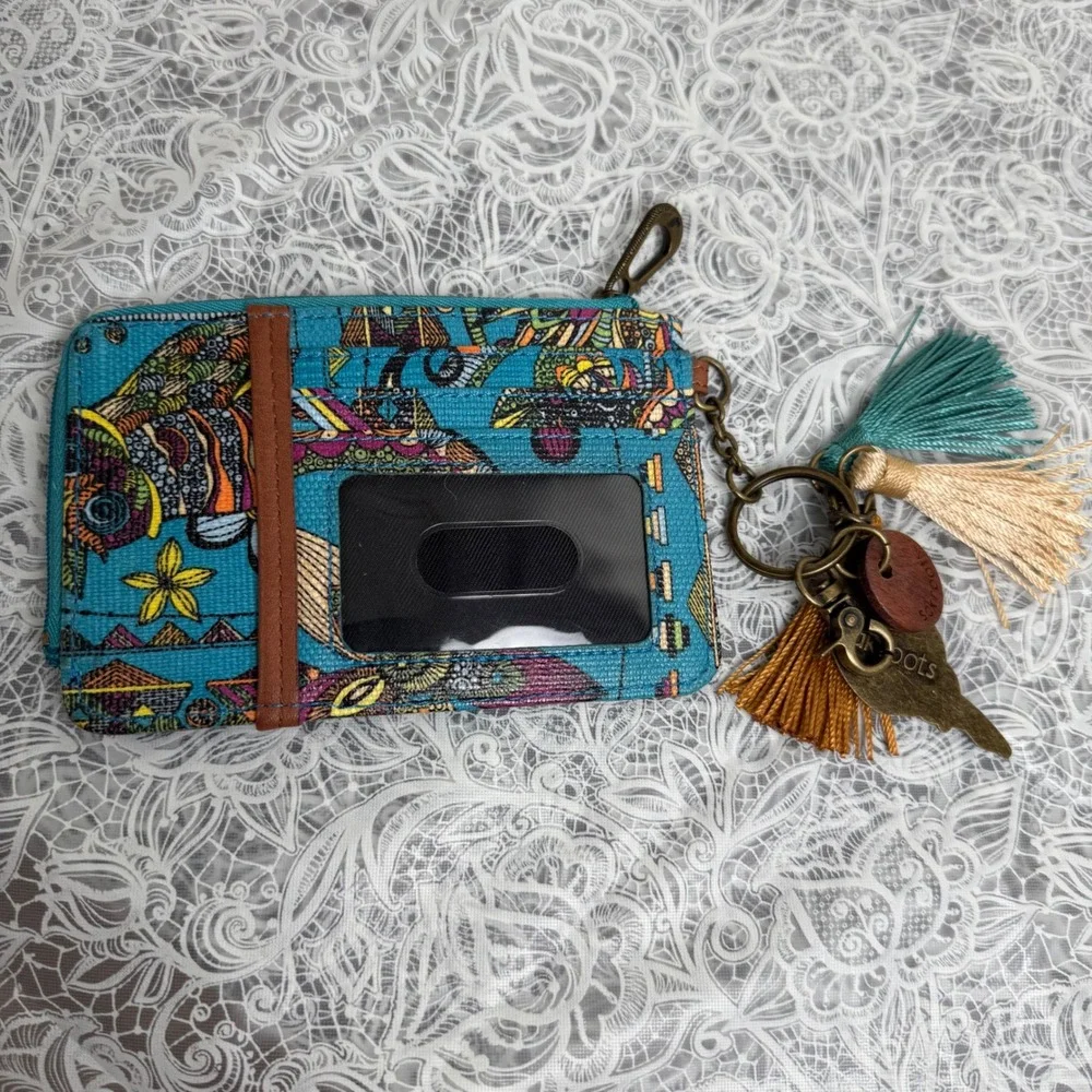 Sakroots Artist Circle ID Lanyard Wallet Teal Floral Owl Charm Tassel Boho